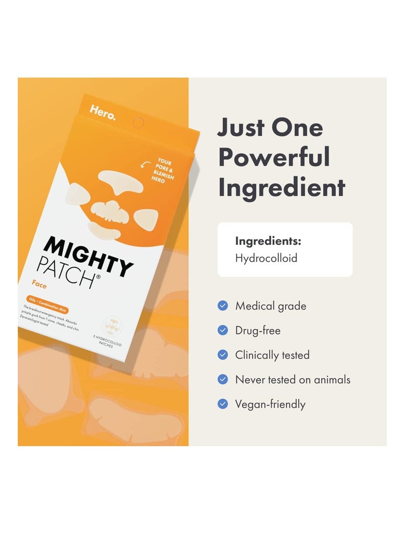 Mighty Patch Mighty Patch™ Face Patch from Hero Cosmetics - XL Hydrocolloid Face Mask for Acne, 5 Large Pimple Patches for Zit Breakouts on Nose, Chin, Forehead & Cheeks - Vegan-Friendly (1 Count)  - Image 5
