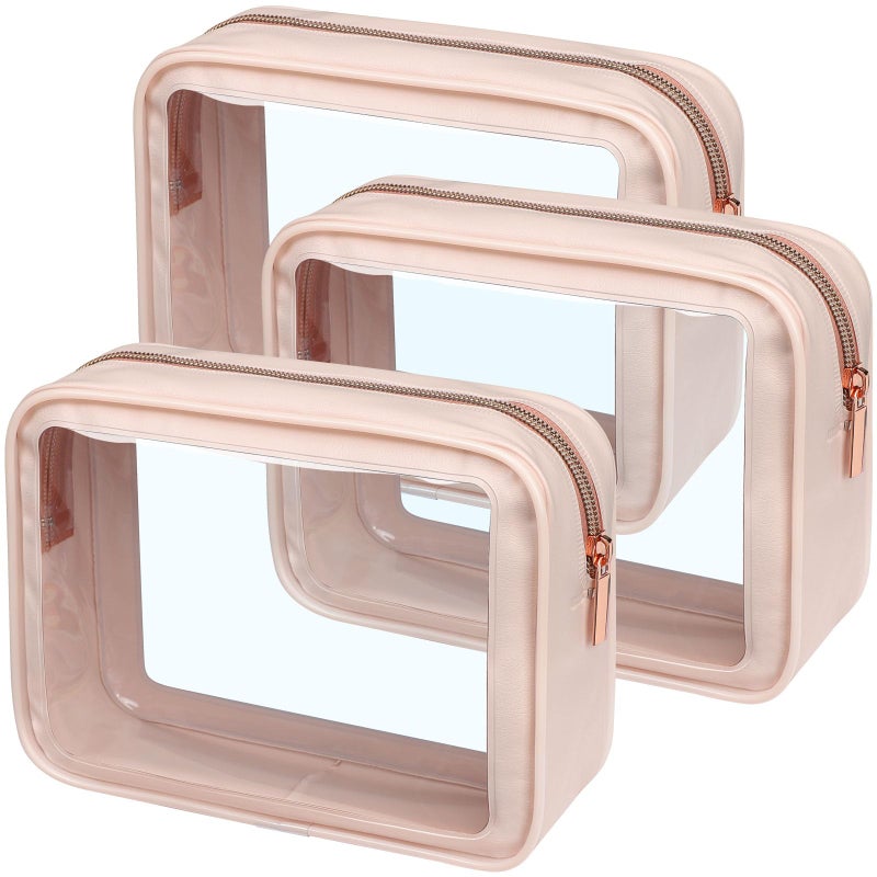 PACKISM Clear Makeup Bag 3 Pack Medium - Foldable TSA Approved Toiletry Bag Quart Size for Travel Bottles, Water Resistant Multipurpose Car Storage Organizer with Reinforced Seams, Pink - Image 1