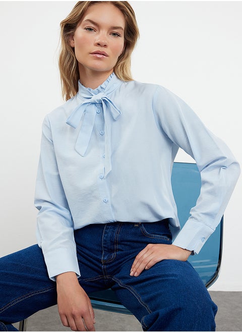 Blue Regular Fit Woven Shirt with Closed Collar Ruffle Detail TWOAW25GO00019