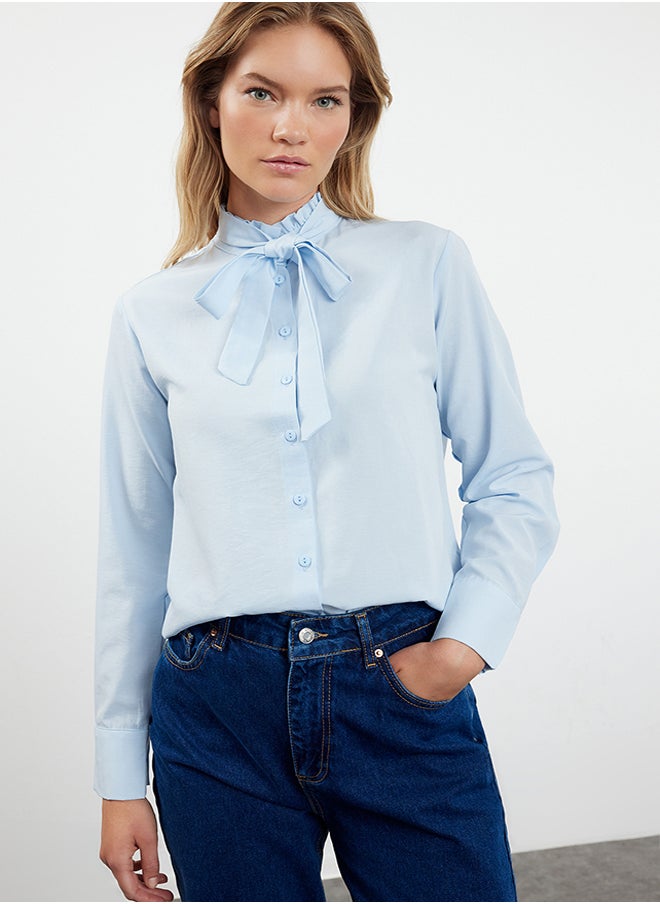 trendyol - Blue Regular Fit Woven Shirt with Closed Collar Ruffle Detail TWOAW25GO00019 - Image 1