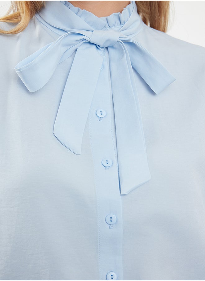 trendyol - Blue Regular Fit Woven Shirt with Closed Collar Ruffle Detail TWOAW25GO00019 - Image 1