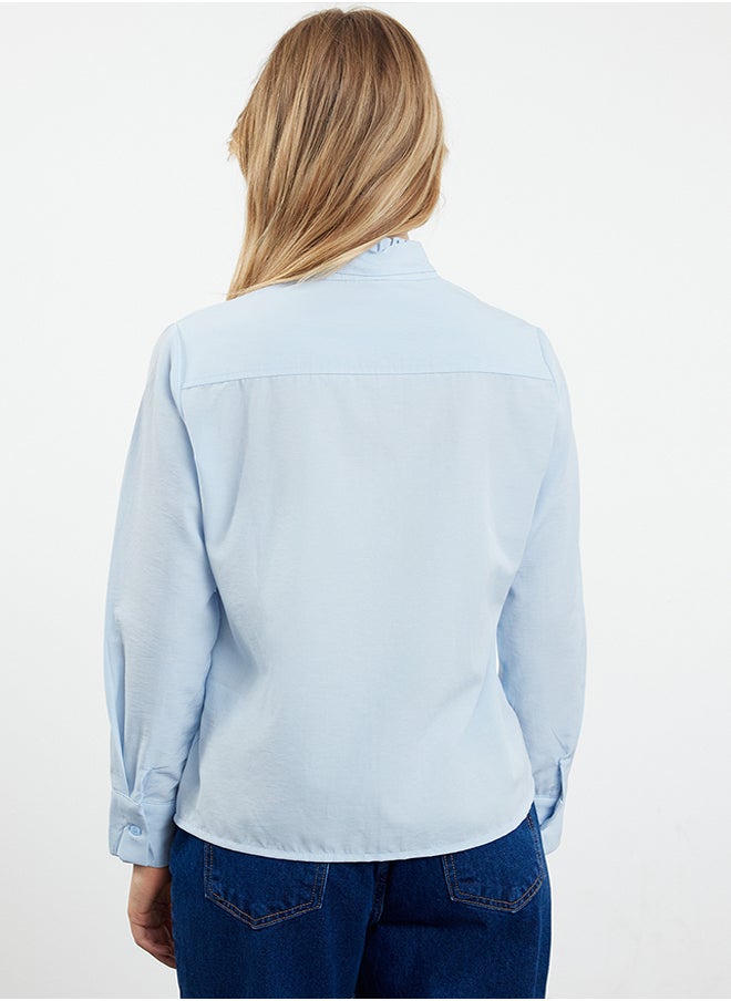trendyol - Blue Regular Fit Woven Shirt with Closed Collar Ruffle Detail TWOAW25GO00019 - Image 1