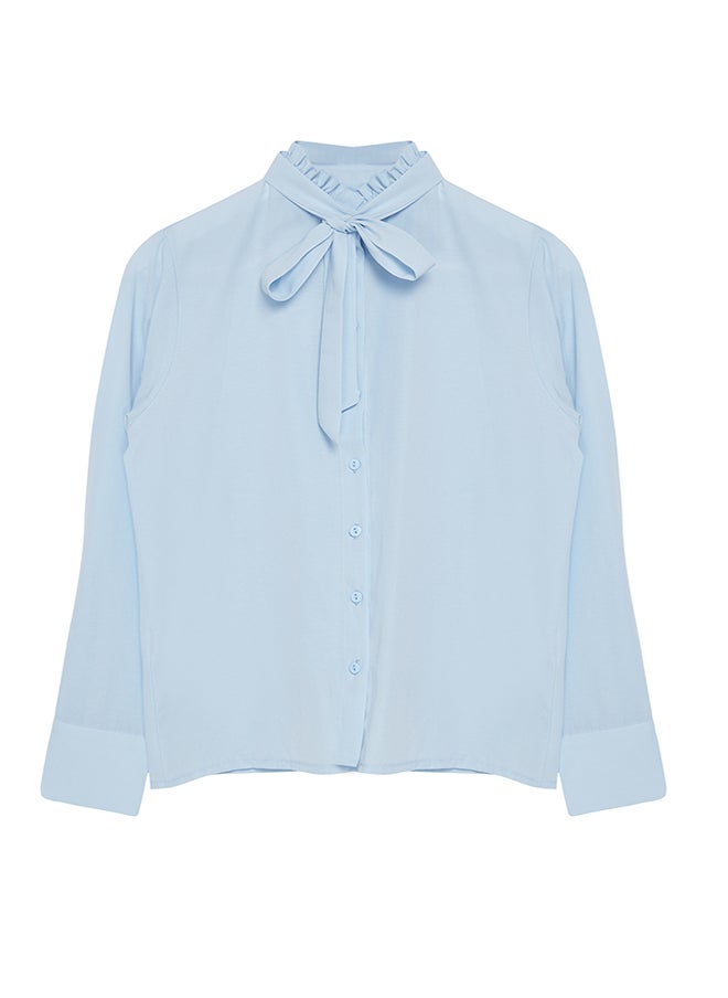 trendyol - Blue Regular Fit Woven Shirt with Closed Collar Ruffle Detail TWOAW25GO00019 - Image 1