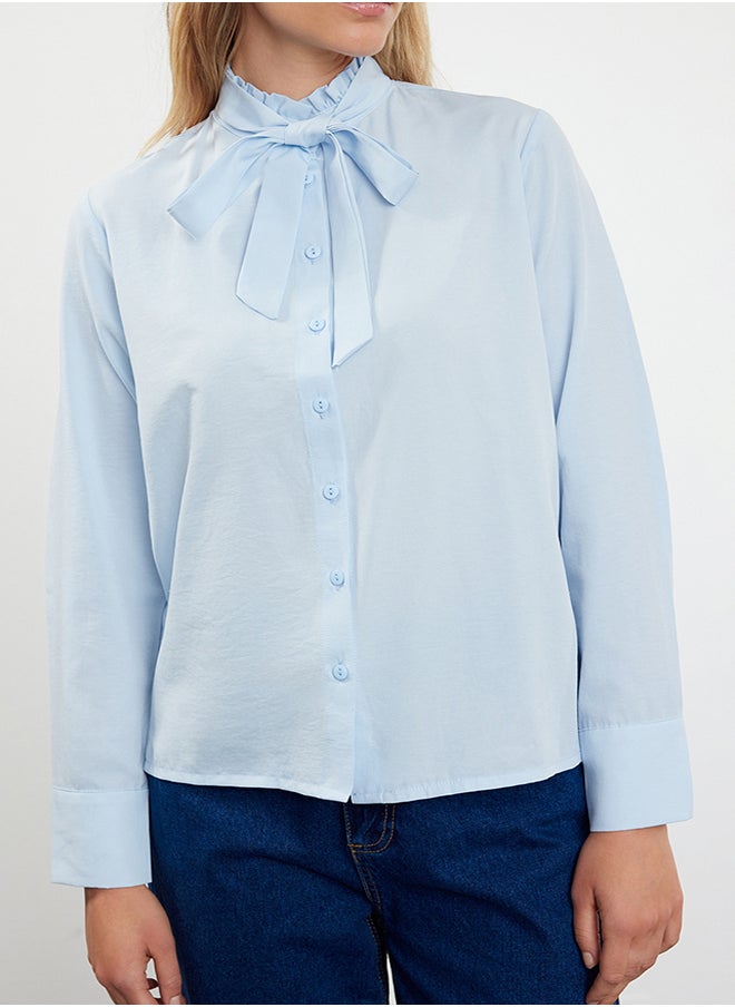 trendyol - Blue Regular Fit Woven Shirt with Closed Collar Ruffle Detail TWOAW25GO00019 - Image 1