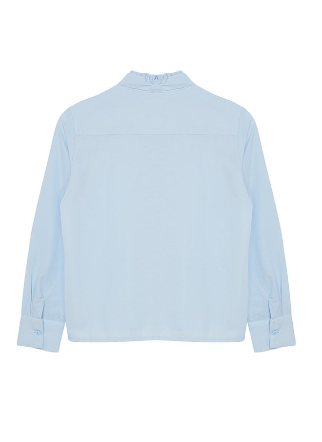 trendyol - Blue Regular Fit Woven Shirt with Closed Collar Ruffle Detail TWOAW25GO00019 - Image 1