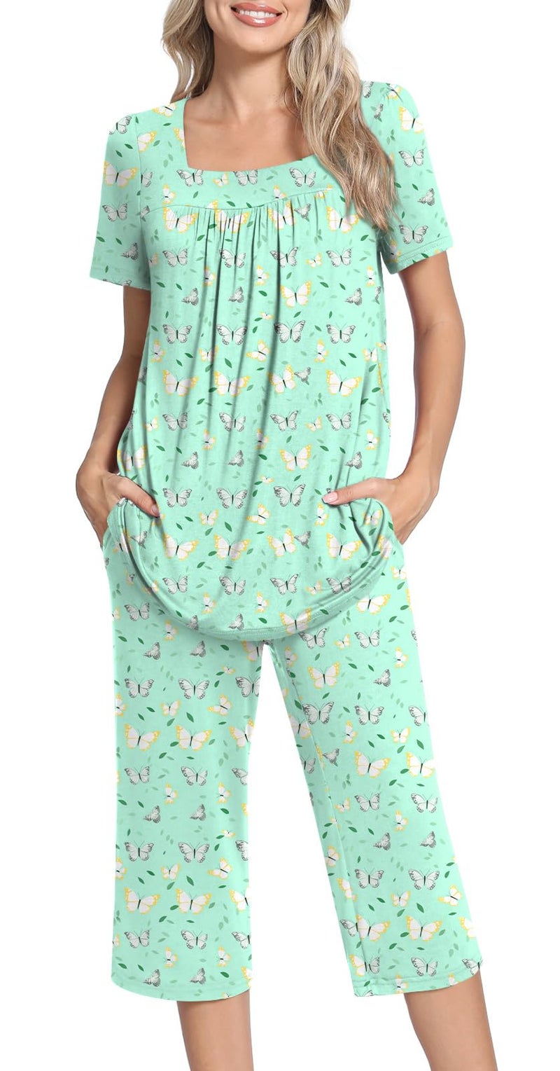 POPYOUNG Plus Size Summer Womens Pajama Set 2 Pieces Pjs Ladies Pajamas Lounge Sleepwear with Pockets XL, Colorful Green Butterfly - Image 2