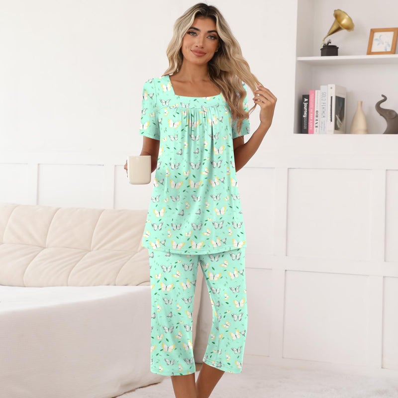 POPYOUNG Plus Size Summer Womens Pajama Set 2 Pieces Pjs Ladies Pajamas Lounge Sleepwear with Pockets XL, Colorful Green Butterfly - Image 3