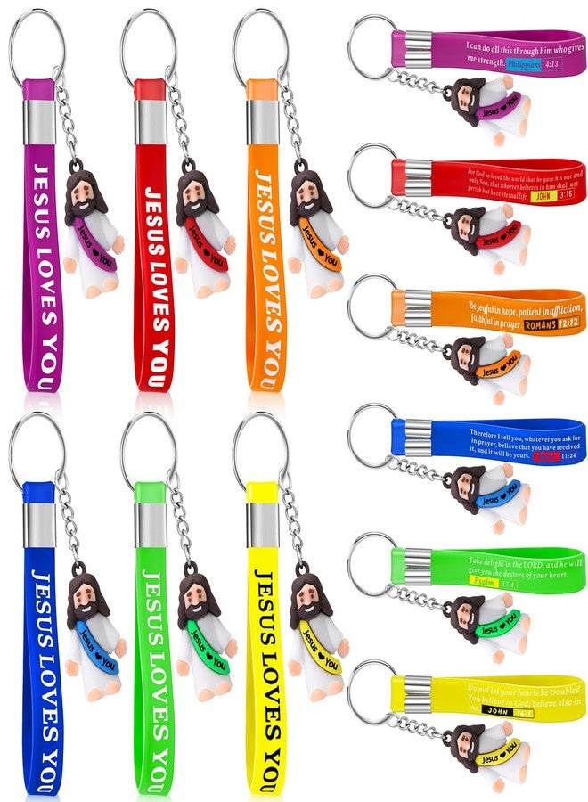 بيميمو مجموعة Bememo المكونة من 12 قطعة من سلاسل مفاتيح صغيرة على شكل يسوع، مصنوعة من السيليكون، تحمل آيات من الكتاب المقدس، وهي هدية دينية للكنيسة (ملونة، بتصميم "يسوع يحبك"). - Image 1