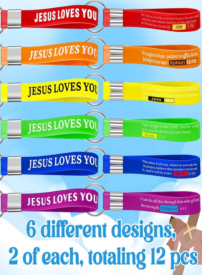 بيميمو مجموعة Bememo المكونة من 12 قطعة من سلاسل مفاتيح صغيرة على شكل يسوع، مصنوعة من السيليكون، تحمل آيات من الكتاب المقدس، وهي هدية دينية للكنيسة (ملونة، بتصميم "يسوع يحبك"). - Image 3