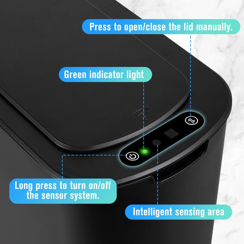 Cesun Automatic Motion Sensor Black Bathroom Trash Can with Lid, 2.6 Gallon Touchless Trash Bin, Smart Plastic Slim Garbage Can Small Wastebasket for Toilet, Office, rv, Bedroom, Living Room - Image 3
