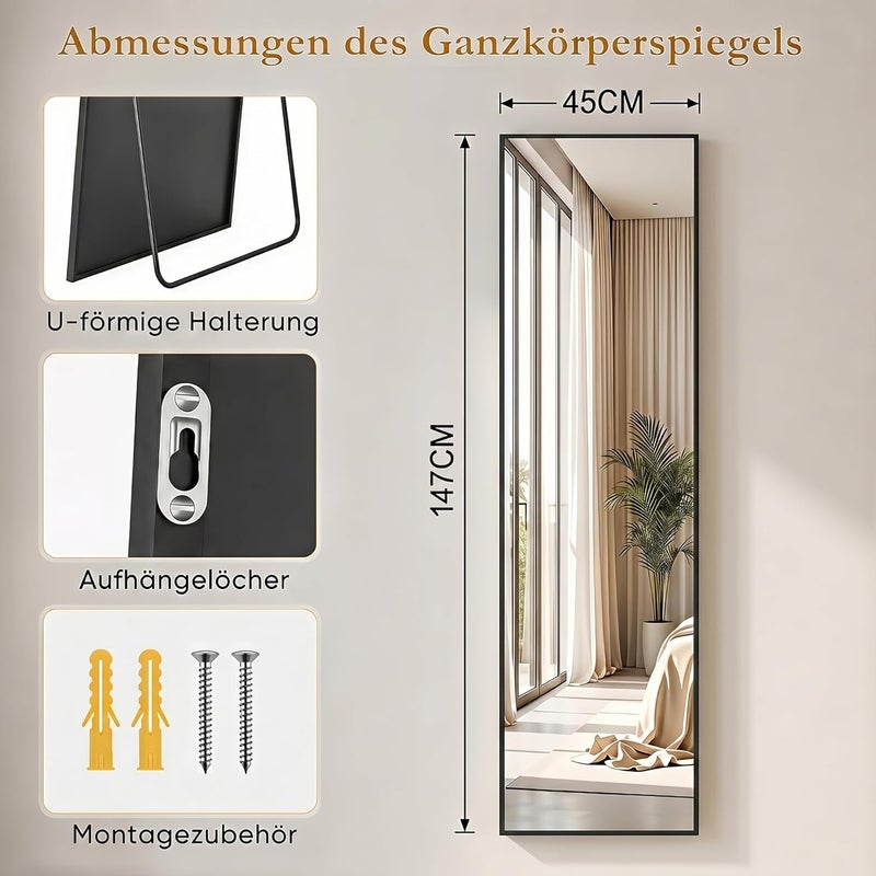 Antok 149 x 46 cm Full Length Mirror, Rectangular Standing Mirror, Aluminium Alloy Frame, Shatterproof Glass, Floor Mirror for Living Room, Dressing, Leaning, Wall Mounting, Black - Image 4