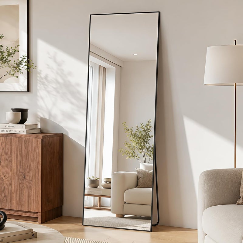 Antok 149 x 46 cm Full Length Mirror, Rectangular Standing Mirror, Aluminium Alloy Frame, Shatterproof Glass, Floor Mirror for Living Room, Dressing, Leaning, Wall Mounting, Black - Image 1