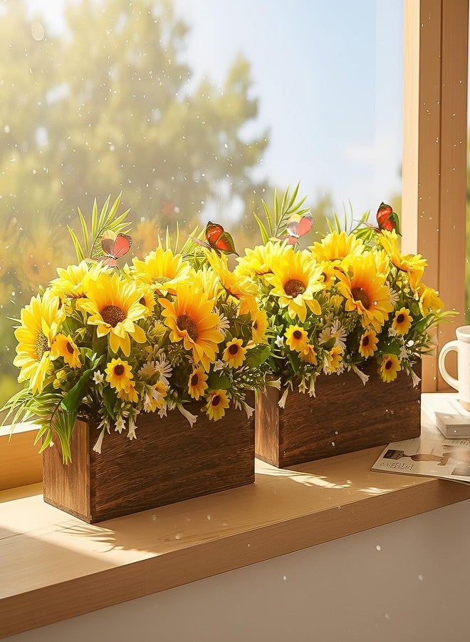 Singhoow 2 Pack Artificial Flower Centerpiece for Dining Table, Rustic Sunflower Flower Arrangement Wooden Planter Box Tray Spring Floral Arrangement for Farmhouse Wedding Reception Kitchen Decor - Image 5