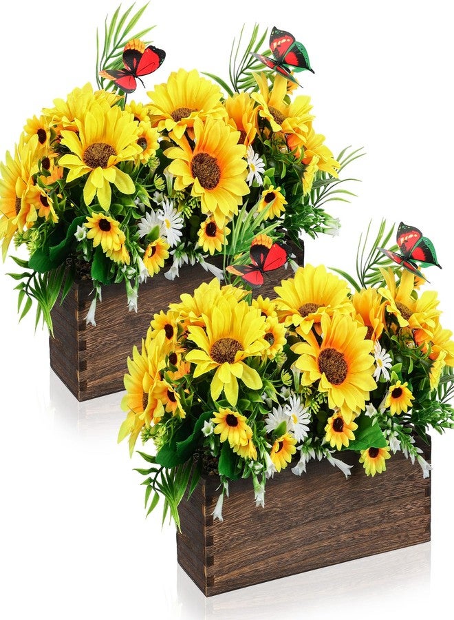 Singhoow 2 Pack Artificial Flower Centerpiece for Dining Table, Rustic Sunflower Flower Arrangement Wooden Planter Box Tray Spring Floral Arrangement for Farmhouse Wedding Reception Kitchen Decor - Image 1