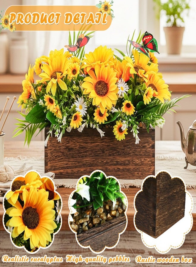 Singhoow 2 Pack Artificial Flower Centerpiece for Dining Table, Rustic Sunflower Flower Arrangement Wooden Planter Box Tray Spring Floral Arrangement for Farmhouse Wedding Reception Kitchen Decor - Image 3