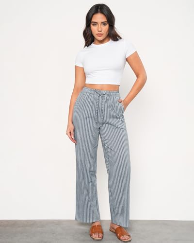 GRAPENT Size 20 Pants for Women Plus Size Wide Leg Pants Woman Linen Blend Pull on Women Linen Wide Leg Womens Light Blue Stripe XX-Large US 20 to 22 - Image 4