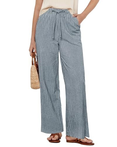 GRAPENT Size 20 Pants for Women Plus Size Wide Leg Pants Woman Linen Blend Pull on Women Linen Wide Leg Womens Light Blue Stripe XX-Large US 20 to 22 - Image 1