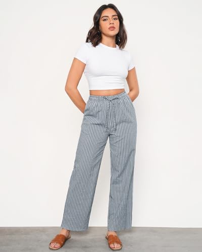 GRAPENT Size 20 Pants for Women Plus Size Wide Leg Pants Woman Linen Blend Pull on Women Linen Wide Leg Womens Light Blue Stripe XX-Large US 20 to 22 - Image 2