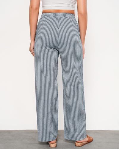 GRAPENT Size 20 Pants for Women Plus Size Wide Leg Pants Woman Linen Blend Pull on Women Linen Wide Leg Womens Light Blue Stripe XX-Large US 20 to 22 - Image 3