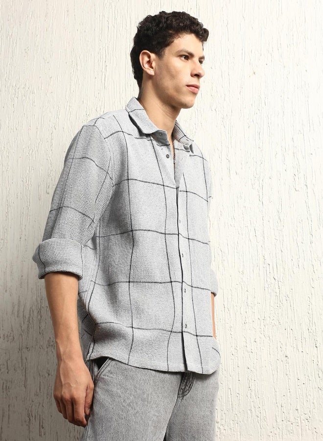 Hubberholme Men's Grey Cotton Blend Checkered Button Down Oversized Shirt - Image 3