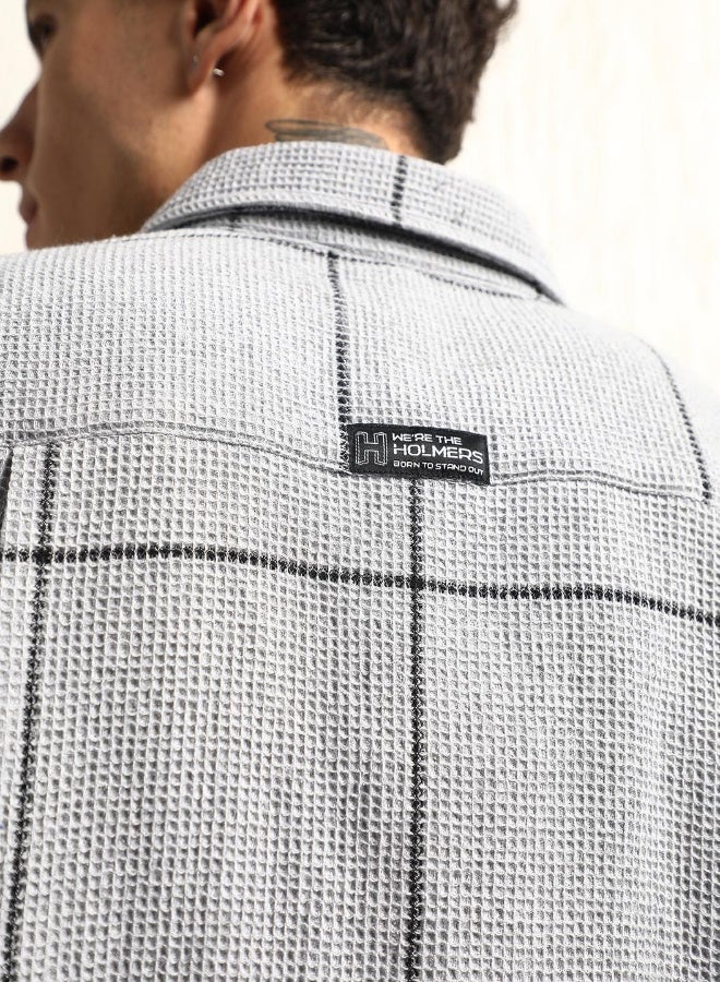 Hubberholme Men's Grey Cotton Blend Checkered Button Down Oversized Shirt - Image 1