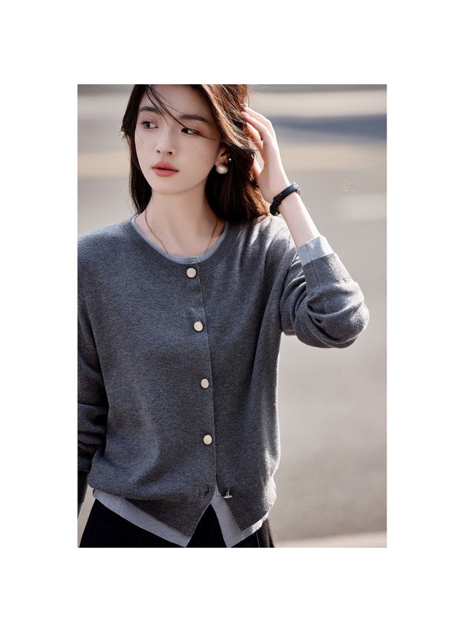 Dme "quiet Luxury Inspiration Wardrobe" Spring And Autumn Design Sense Fake Two-piece Contrast Color Line Shirt Decorative Button Knitted Sweater Women's Top - Image 2