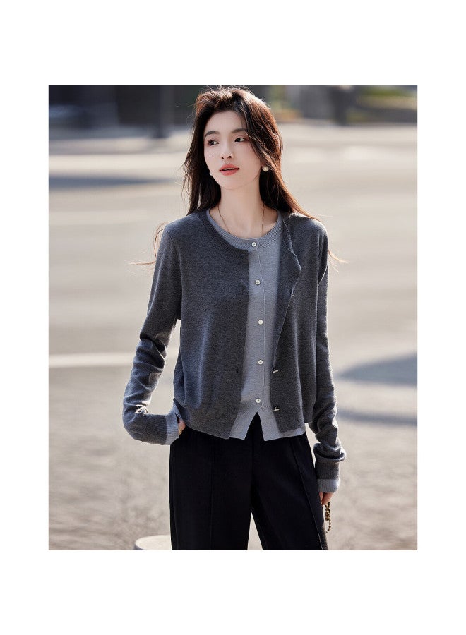 Dme "quiet Luxury Inspiration Wardrobe" Spring And Autumn Design Sense Fake Two-piece Contrast Color Line Shirt Decorative Button Knitted Sweater Women's Top - Image 3