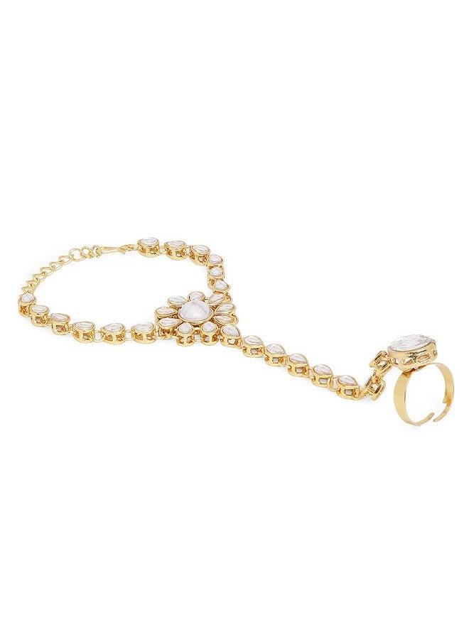 OOMPHelicious Jewellery Gold Tone Pearls & Kundan Ethnic Hathphool Bracelet with Ring for Women & Girls - Image 1