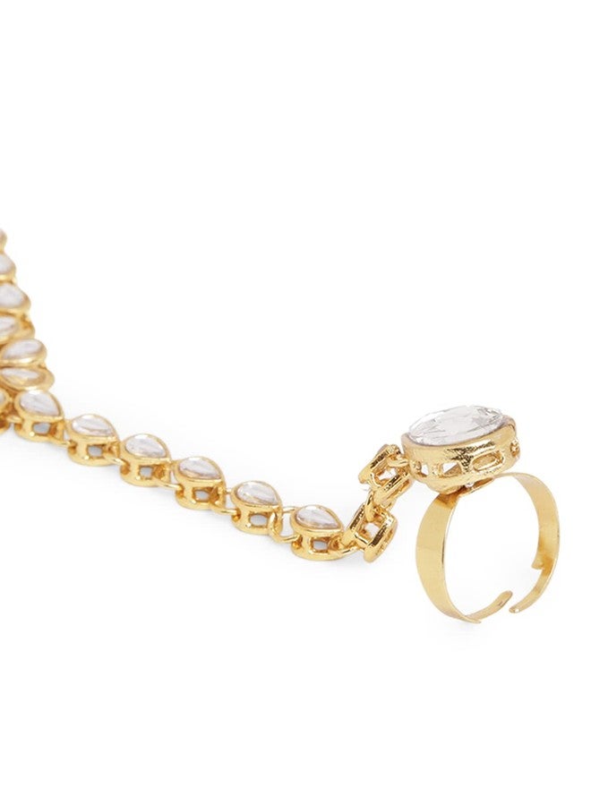 OOMPHelicious Jewellery Gold Tone Pearls & Kundan Ethnic Hathphool Bracelet with Ring for Women & Girls - Image 4