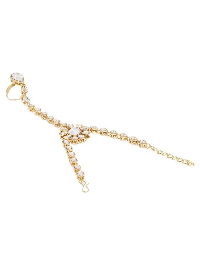 OOMPHelicious Jewellery Gold Tone Pearls & Kundan Ethnic Hathphool Bracelet with Ring for Women & Girls - Image 3