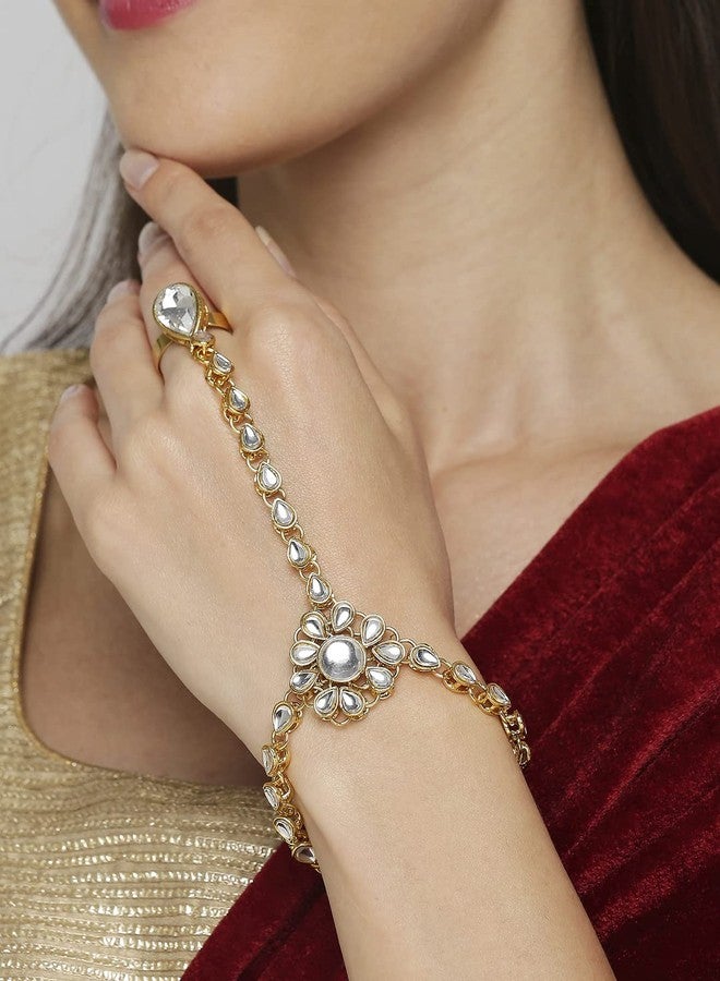 OOMPHelicious Jewellery Gold Tone Pearls & Kundan Ethnic Hathphool Bracelet with Ring for Women & Girls - Image 5