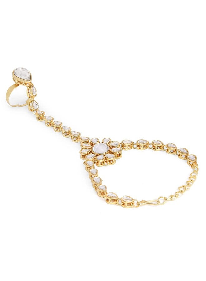 OOMPHelicious Jewellery Gold Tone Pearls & Kundan Ethnic Hathphool Bracelet with Ring for Women & Girls - Image 2