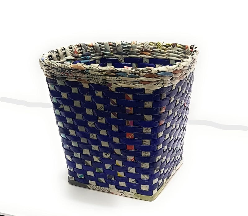 Sonas Creation Paperus Small Size 8 Inch TALL 5 Liter Blue Trapezoid Waste Basket Trashcan Indoor Planter OpenTop Dustbin Storage Basket Ecofriendly Handmade of Paper Ropes - Image 1