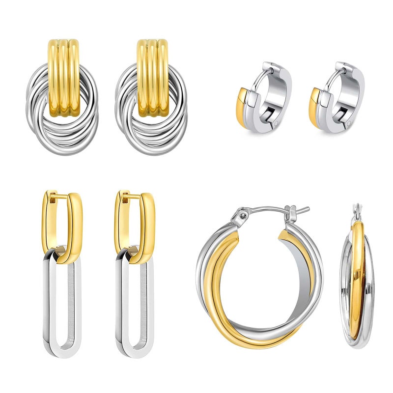 QJLE 4 Pairs Gold Silver Plated Earrings for Women Two Tone Drop Dangle Earrings Gold Hoop Earrings for Women Gold Hoops Huggie Trendy Jewelry - Image 1
