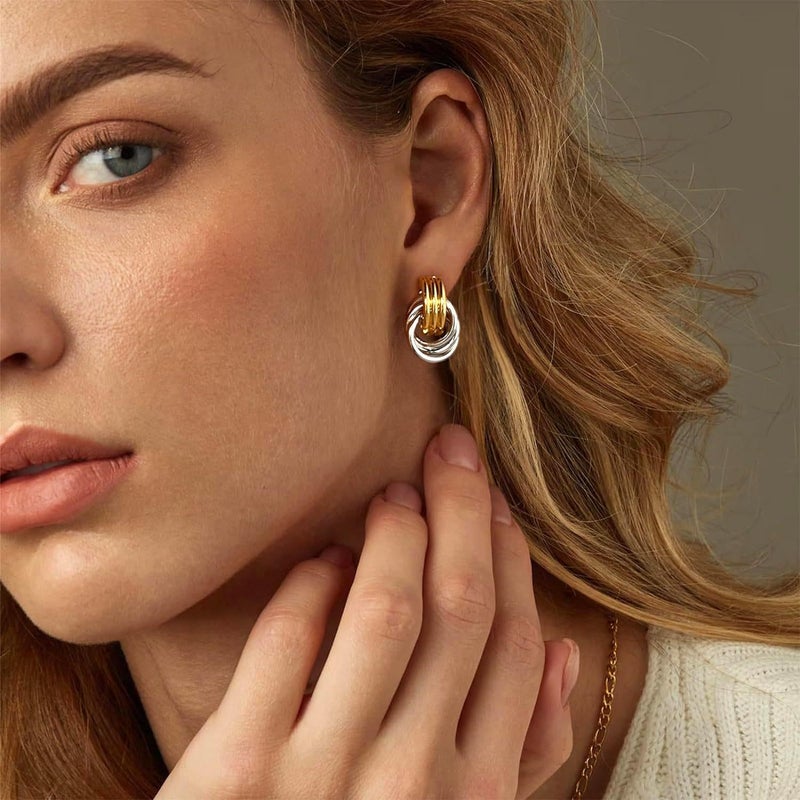 QJLE 4 Pairs Gold Silver Plated Earrings for Women Two Tone Drop Dangle Earrings Gold Hoop Earrings for Women Gold Hoops Huggie Trendy Jewelry - Image 2
