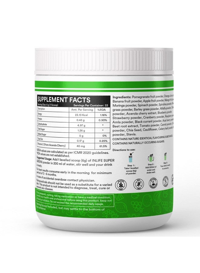 Inlife مكمل مسحوق الخضروات الفائقة من INLIFE | سبيرولينا، مورينغا، كلوريللا، البرسيم، عشب القمح، مزيج عشب الشعير | - 200 جرام - Image 2
