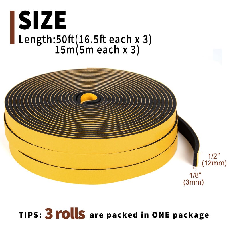 Yotache Foam Weather Stripping Seal Tape 3 Rolls 1/2" W X 1/8" T for Doors and Windows Gasket Insulation Soundproofing, 50 Ft Length (3 X 16.5 Ft Each) - Image 4