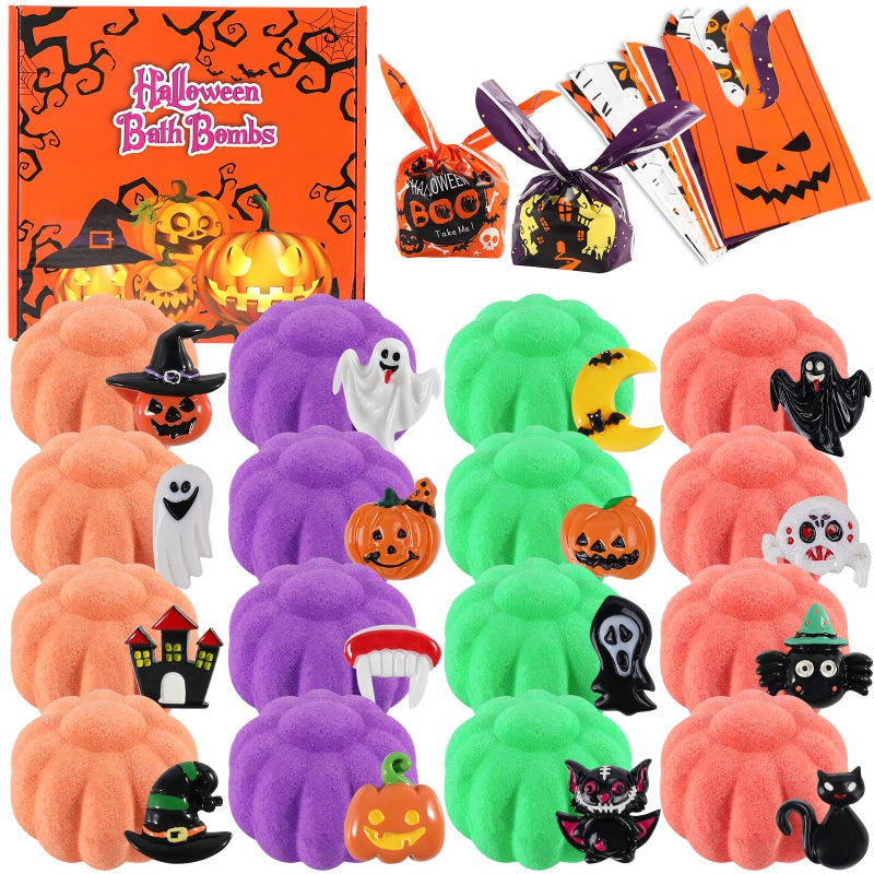 Beauwell Halloween Gifts for Kids 16pcs Halloween Bath Bombs for Kids with Toys Inside Halloween Party Favors Goodie Bag Fillers Natural Organic Bubble Bath with Spooky Pumpkin Bath Bombs