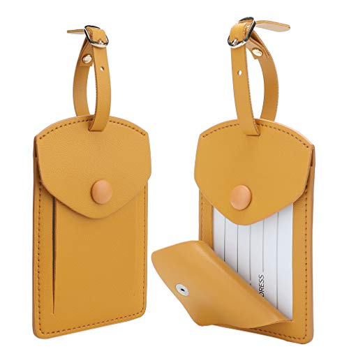 VANTOO Kevancho Leather Smart Luggage Tags for Men Women, Suitcase Labels Baggage Tote Bag Tag ID Tags with Full Back Privacy Cover for Carnival Cruise Ship, Travel Accessories Tags Set of 2 PCS(Yellow) - Image 1