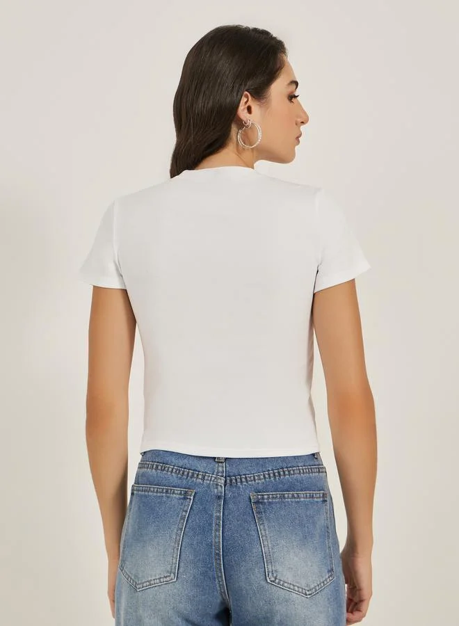 Styli Slogan Print Round Neck Short Sleeve T-Shirt