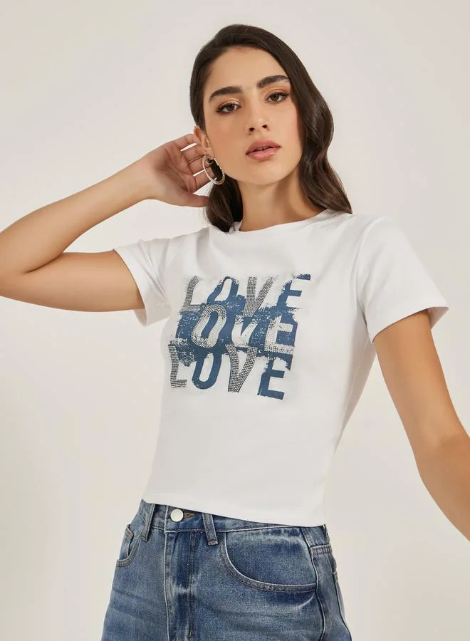 Styli Slogan Print Round Neck Short Sleeve T-Shirt