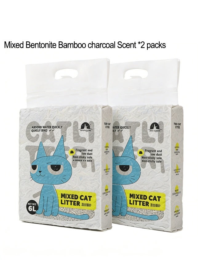 2 حزمة مختلطة بنتونيت توفو قطة القمامة - حبيبات كبيرة طبيعية خالية من الغبار القطة القمامة، عالية الفعالية والقابلة للتحلل الحيوي تجمع القطة القمامة، تجمع بشدة ليس لاصقة للشعر (12L - رائحة الفحم الخيزران) - Image 1