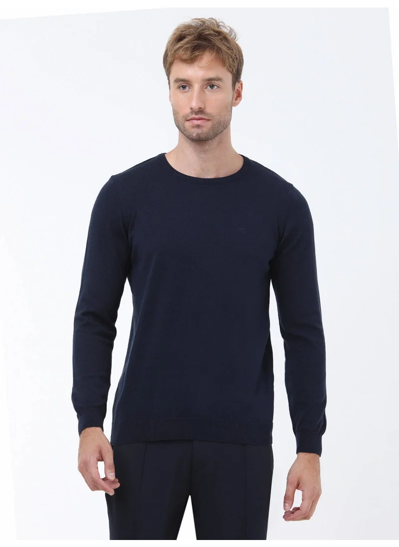 Kip Navy Blue Crew Neck Cotton Blend Sweater