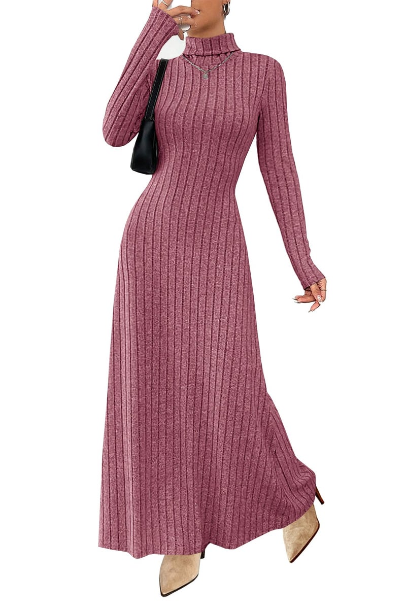 MITILLY Women Long Sleeve Maxi Dress 2025 Fall Winter Casual Turtle Neck Ribbed Knit Sweater Bodycon Going Out Dresses X-Large Bean Paste - Image 1
