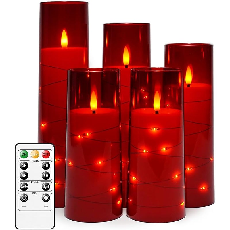 شموع LED بدون لهب مع مؤقت من كاكويا، 5 قطع، شموع وامضة بدون لهب للاجواء الرومانسية وديكور المنزل، غلاف اكريليك متين، مع سلسلة نجوم مدمجة، شموع تعمل بالبطارية (احمر) - Image 1