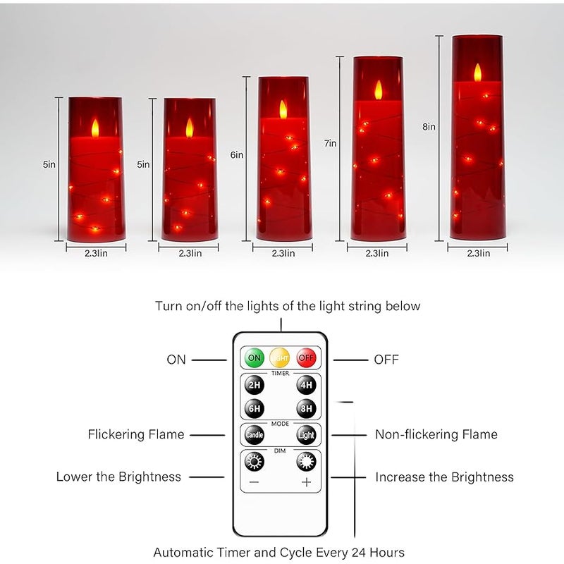 شموع LED بدون لهب مع مؤقت من كاكويا، 5 قطع، شموع وامضة بدون لهب للاجواء الرومانسية وديكور المنزل، غلاف اكريليك متين، مع سلسلة نجوم مدمجة، شموع تعمل بالبطارية (احمر) - Image 5