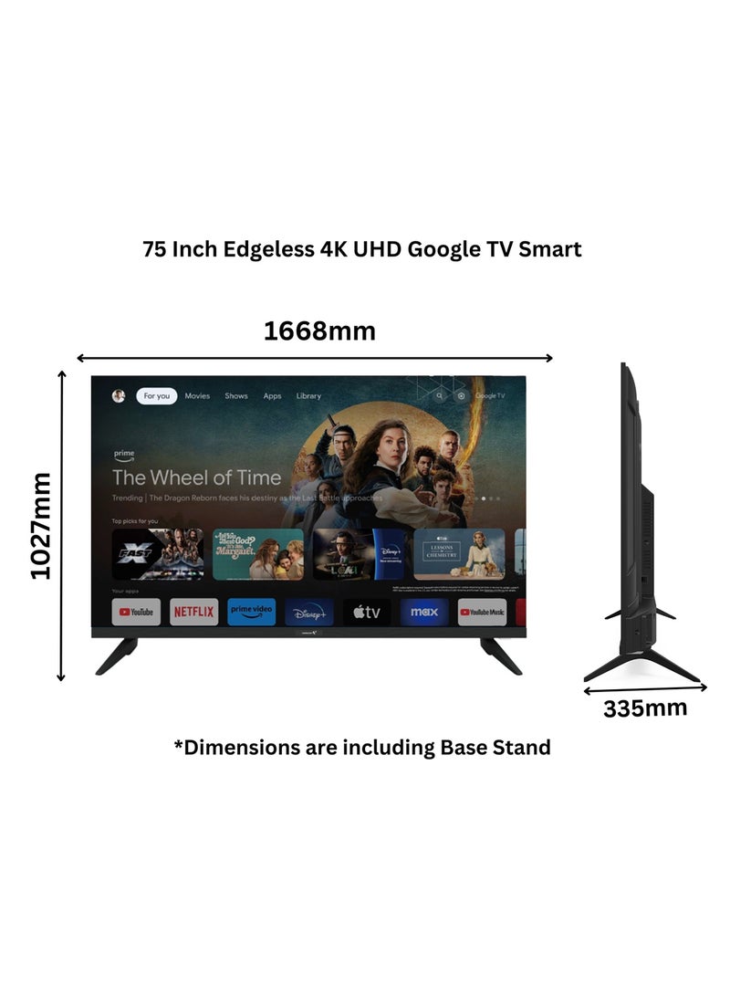 VIDEOCON 75" Edgeless 4K UHD Official Google TV With Hey Google Voice Remote, Bluetooth, Dolby Audio And Free Wall Bracket- 2024 New Model E75ELGT1100 Black - Image 3