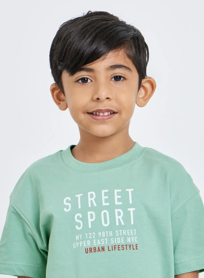 Styli Styli Boys Green Slogan Oversized T-Shirt and Joggers Set
