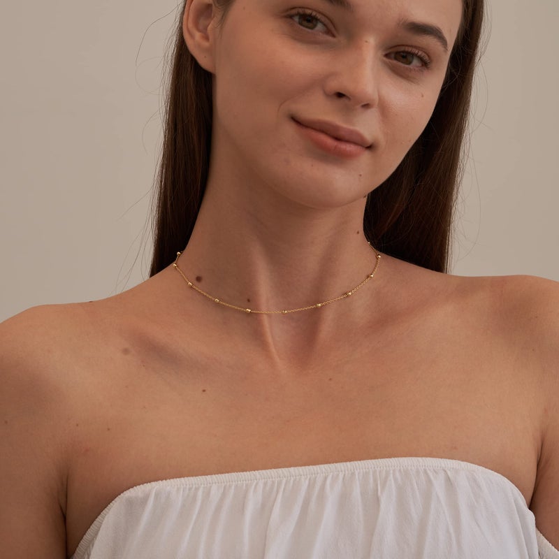 Tewiky Choker Necklace for Women, 14k Gold Plated Beaded Necklace Dainty Gold Chain Necklace Simple Gold Necklaces for Women Trendy Short Satellite Chain Necklace Fashion Gold Jewelry for Women - Image 3