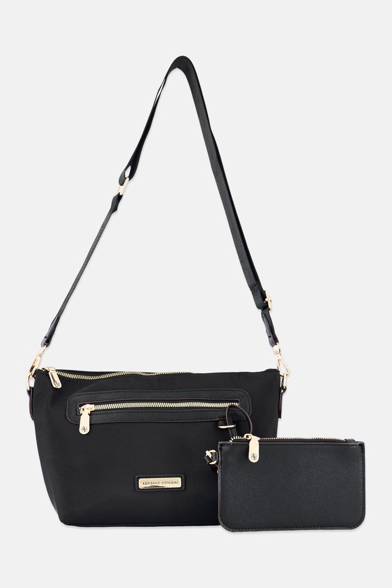 ADRIENNE VITTADINI حقيبة كتف نسائية بشعار العلامة التجارية، سوداء - Image 1